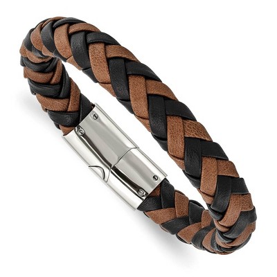 Black Bow Jewelry 10.5mm Stainless Steel Black & Brown Leather Woven Bracelet, 8.5 Inch