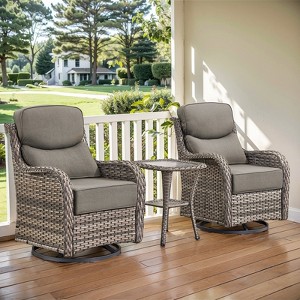 Outdoor Swivel Rocker Patio Chairs of 2 with 6 Inch Thick Cushions and Side Table, Swivel Outdoor Chairs 3PCS High Back Wicker Patio Furniture Set - 1 of 4