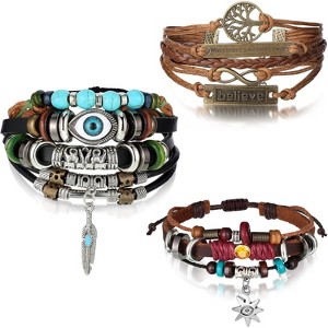 3-Pack Multilayer Woven Leather Bracelets with Evil Eye Beads, Bohemian Handmade PU Bracelets for Men & Women - 1 of 4