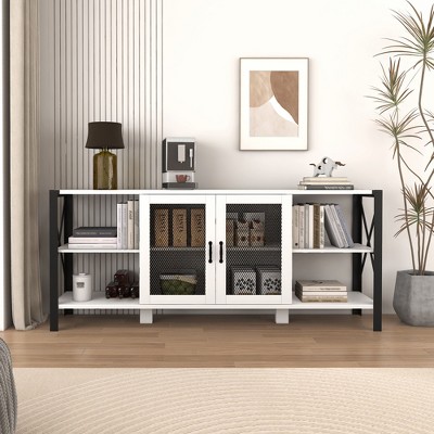 VYNXARIA TV Stands for Living Room,Farmhouse TV Stand 80 Inch Television Stand ,Modern Horizontal Wood and Metal Open Bookshelf,White