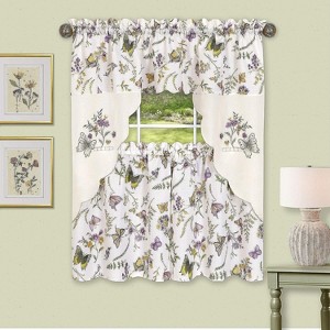 Kate Aurora Embellished Butterflies Garden Kitchen Curtain Tier & Swag 3 Piece Set - 1 of 4