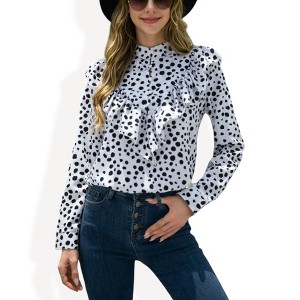 Anna-Kaci Women's Polka Dot Blouse with Ruffled Front Detail and High Neck for Casual Looks - 1 of 4