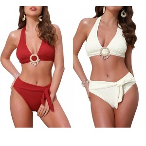 INSPIRE CHIC Women's O Ring Seashell Pendants Ribbed Halter Top Triangle Bottoms Swimwear Bathing Bikini Suits 2 Sets - 1 of 4