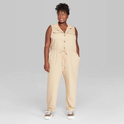 Women's Plus Size Sleeveless V-Neck Button-Front Utility Jumpsuit - Wild  Fable Khaki 1X, Women's, Size: 1XL, Beige, by Wild Fable