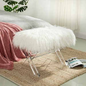 26" Faux Fur Upholstered Bench with Acrylic X Leg White - Glitzhome - 1 of 4
