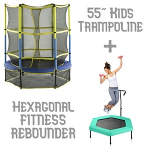 55" Mini Kids Trampoline + Hexagonal Fitness Rebounder with Handrail - Family Set for Children & Adults - 1 of 4