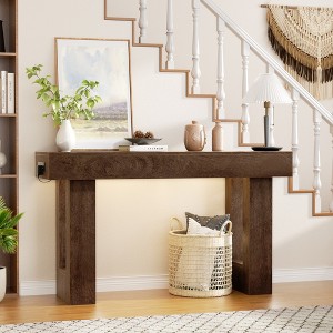 Aheaplus 63'' Farmhouse Console Table with Power Outlets and Light, Wood Narrow Entryway Table - 1 of 4