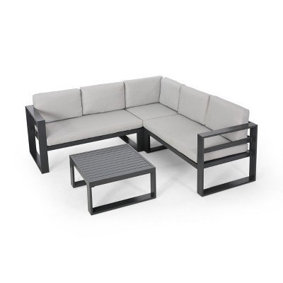 GDFStudio Sabiniano Outdoor Aluminum 5 Seater Sectional Sofa Set with Cushions, Beige/Gray