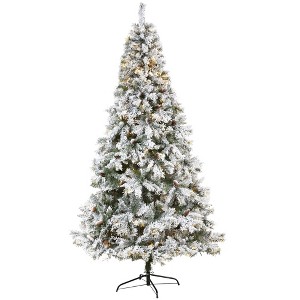 Nearly Natural 8-ft Flocked White River Mountain Pine Artificial Christmas Tree with Pinecones and 500 Clear LED Lights - 1 of 4