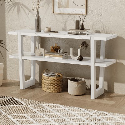 Wooakway Retro Console Table With 2-Tier Open Storage Shelf, Sofa Table, Narrow Entryway Table With Marble-Effect Top For Hallway, Living Room