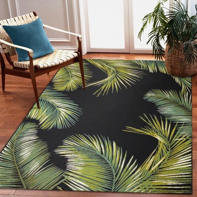 Black and Green Palm Leaf Indoor/Outdoor Flat Woven Rug