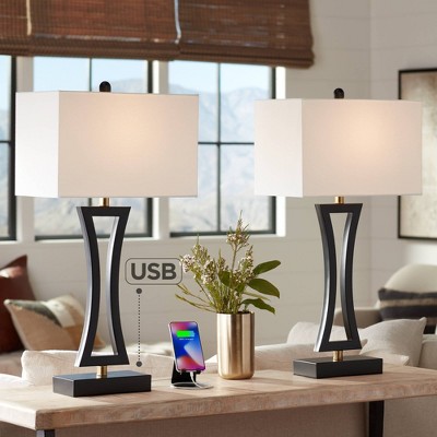 Set of 2 Black Metal Table Lamps with USB Ports and White Shades