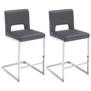 26" H Bar Stools Set of 2 - Modern Velvet Barstools with Hollow Back, Upholstered Armless Kitchen Island Stools, Gray with Chrome Metal Frame - 1 of 4