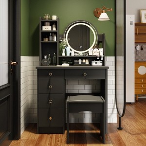 Hitow Makeup Table Set Vanity Table with Stool and Round Mirror Ring LED Strip Lights - 1 of 4