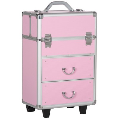 HOMCOM Rolling Makeup Train Case, Large Storage Cosmetic Trolley, Lockable Traveling Cart Trunk with Folding Trays, Swivel Wheels and Keys