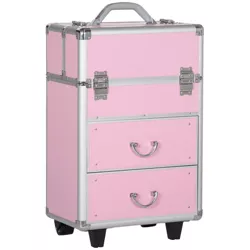 HOMCOM Rolling Makeup Train Case, Large Storage Cosmetic Trolley, Lockable Traveling Cart Trunk with Folding Trays, Swivel Wheels and Keys, Pink