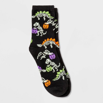 Women's Glow in the Dark Dinosaur Trick-or-Treat Halloween Crew Socks - Hyde & EEK! Boutique™ Black 4-10