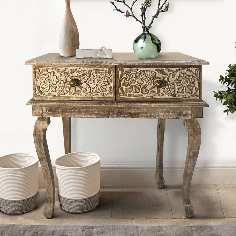 2 Drawer Mango Wood Console Table with Floral Carved Front Brown/White - The Urban Port, 6 of 8