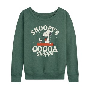 Women's - Peanuts - Snoopys Cocoa Shoppe Lightweight French Terry Wide Neck Long Sleeve Graphic Shirt - 1 of 4