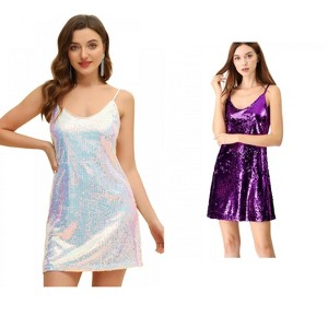 Allegra K Women's Glitter Sequin Spaghetti Strap V Neck Cocktail Sparkly Mini Dress 2 Packs - 1 of 4