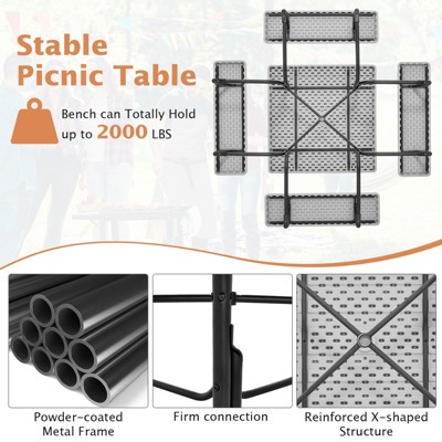 Gray HDPE Outdoor Square Picnic Table with 4 Benches and Umbrella Hole