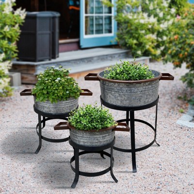 Royal Hampton 3 Piece Round Metal Galvanized Tub with Iron Stand Planter Set, 21, 18, and 16 Inch