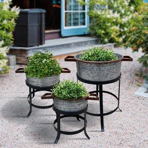 Royal Hampton 3 Piece Round Metal Galvanized Tub with Iron Stand Planter Set, 21, 18, and 16 Inch - 1 of 4