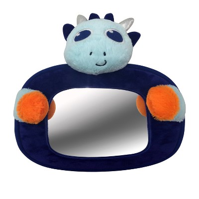 Little Tikes 360 Degree Swivel Plush Dinosaur Back Seat Headrest Baby Car Mirror w/ Adjustable Strap & Large Viewing Window for Rear Facing Kids, Blue