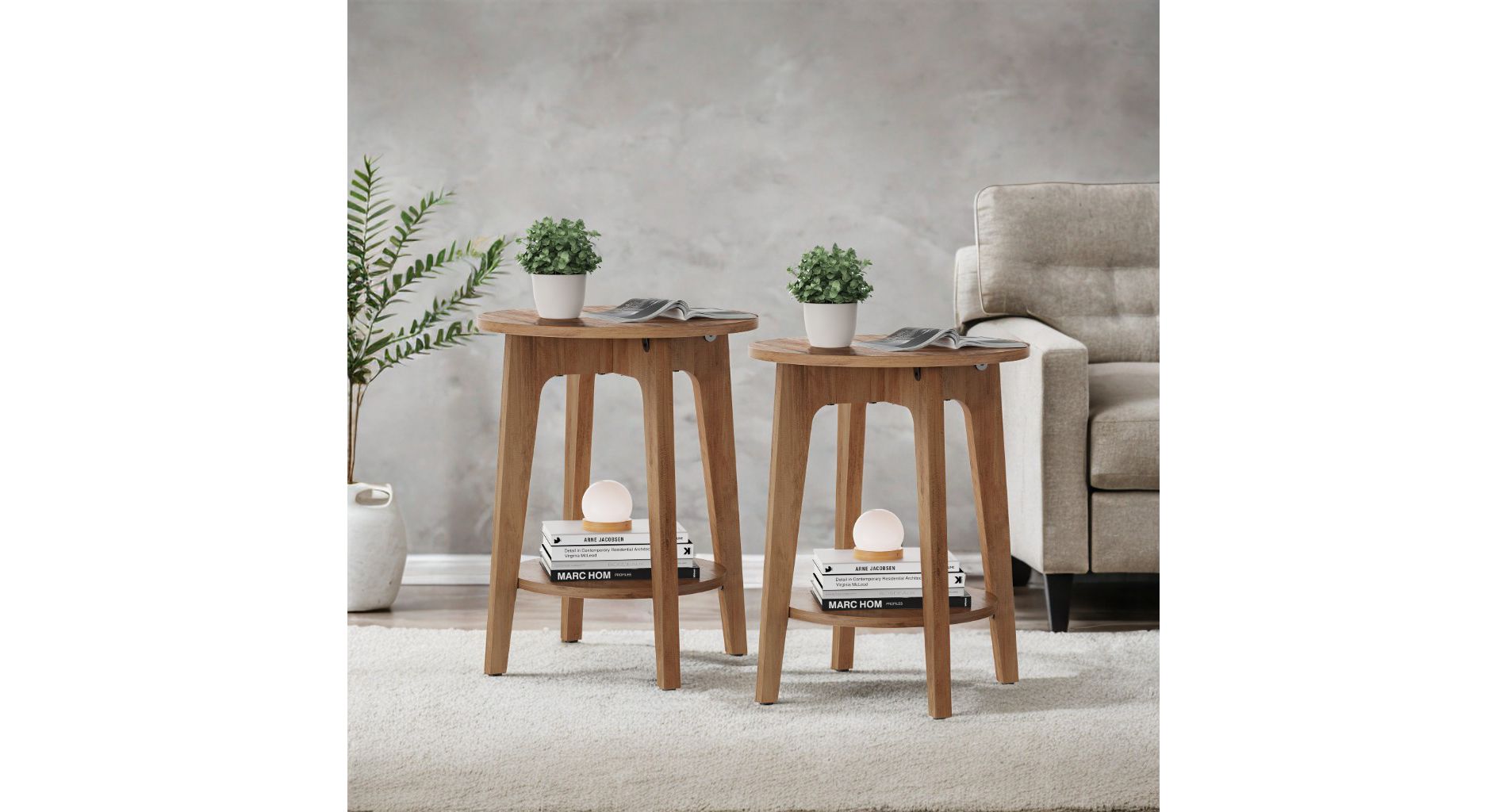 Set of 2 Round End Table Farmhouse Small Side Table Living Room Corner Table Drink Table Rustic Walnut