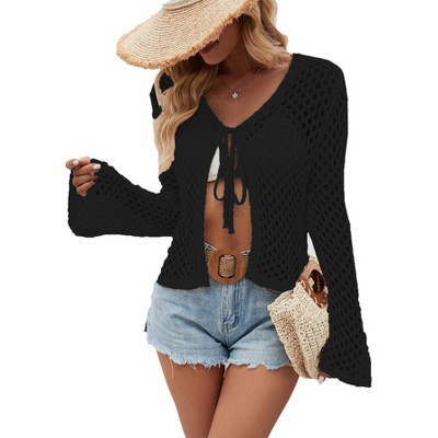 Womens Casual Summer Tie Front V Neck Flared Sleeve Openwork Cardigan