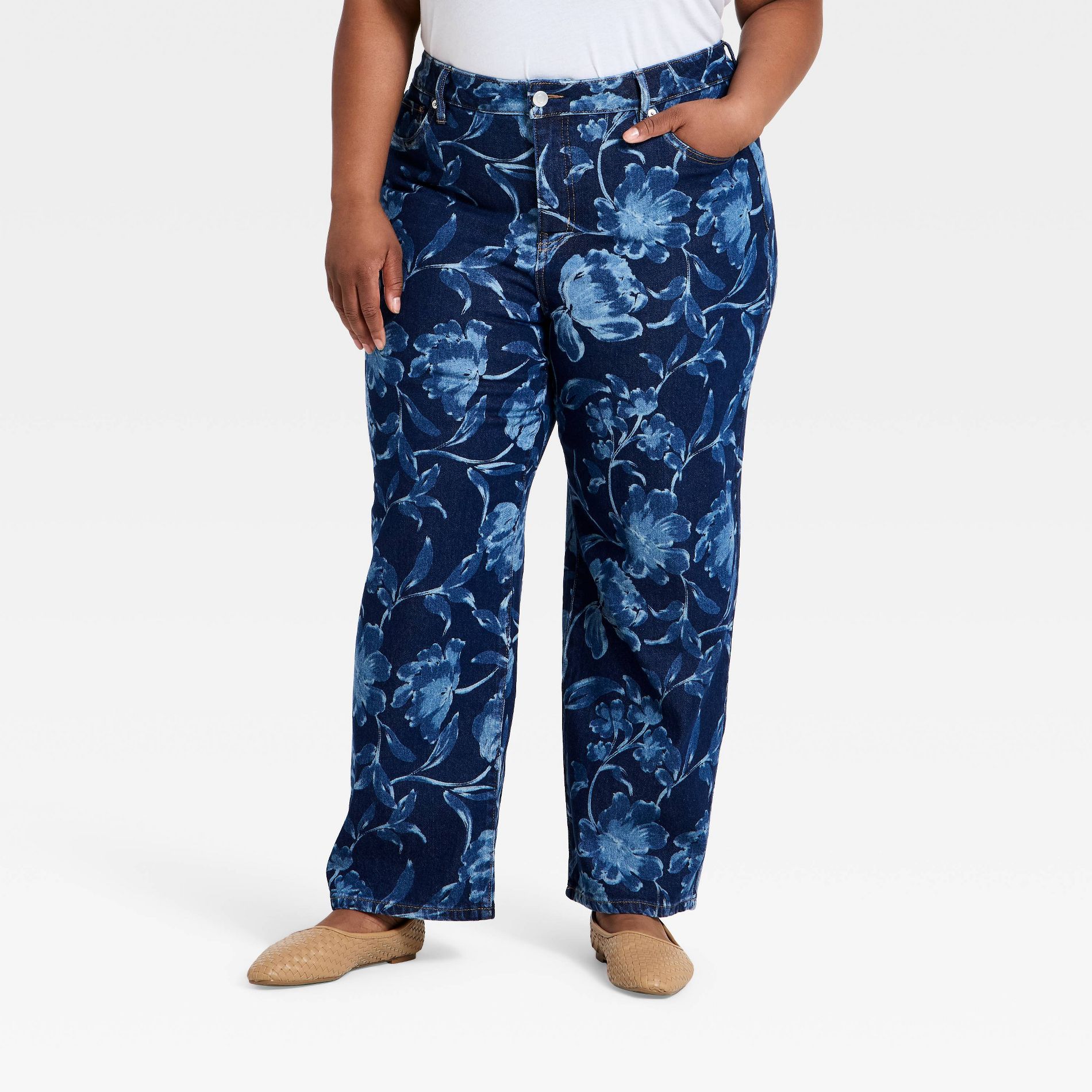 Women's High-Rise Comfort Stretch Straight Leg Jeans - Ava & Viv™ Blue Denim Floral