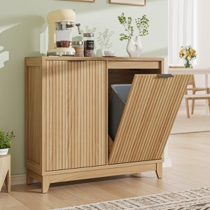Tilt Out Trash Can Cabinet with Odor Control & Outlets, Fluted Trash Cabinet 13 Gallon, Natural - 1 of 4