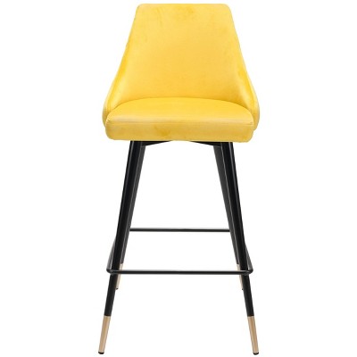 Yellow Velvet and Metal Counter Stool with Tapered Back