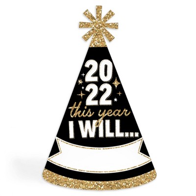Big Dot of Happiness Hello New Year - Cone Party Hats - 2022 NYE Resolution Cone Party Hat for Kids and Adults - Set of 8 (Standard Size)