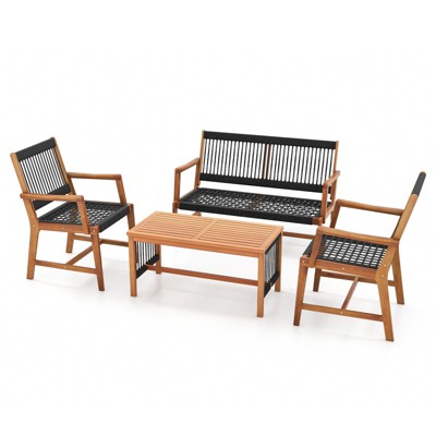Tangkula 4 Pieces Conversation Set Acacia Wood Loveseat Chair & Table for Patio