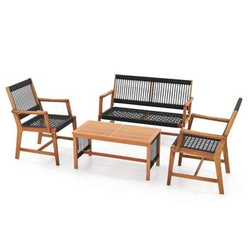 Tangkula 4 Pieces Conversation Set Acacia Wood Loveseat Chair & Table for Patio