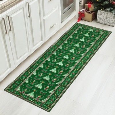 Orieon 24x72 in Washable Christmas Runner Rug with Non-Slip Backing, Low Pile Non-Shedding Holiday Rug for Kitchen Hallway Bedroom Bathroom, Green