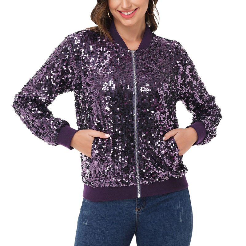 Anna-Kaci Women's Sequin Jacket Sparkle Long Sleeve Front Zip Casual Blazer Bomber Jacket With Pockets, 1 of 6