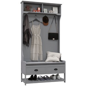 Okak Modern 3-In-1 Hall Tree with Bottom Shelves and 4 Hooks, Coat Rack with 2 Drawers and Padded Seat, Coat Tree for Hallway, Living Room, Gray - 1 of 4