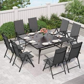 Captiva Designs 9pc Spacious Slat Top Square Metal Table with Umbrella Hole & 8 Reclining Foldable Chairs Outdoor Patio Dining Set