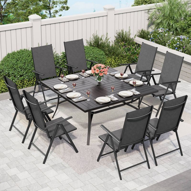 Captiva Designs 9pc Spacious Slat Top Square Metal Table with Umbrella Hole & 8 Reclining Foldable Chairs Outdoor Patio Dining Set, 1 of 14