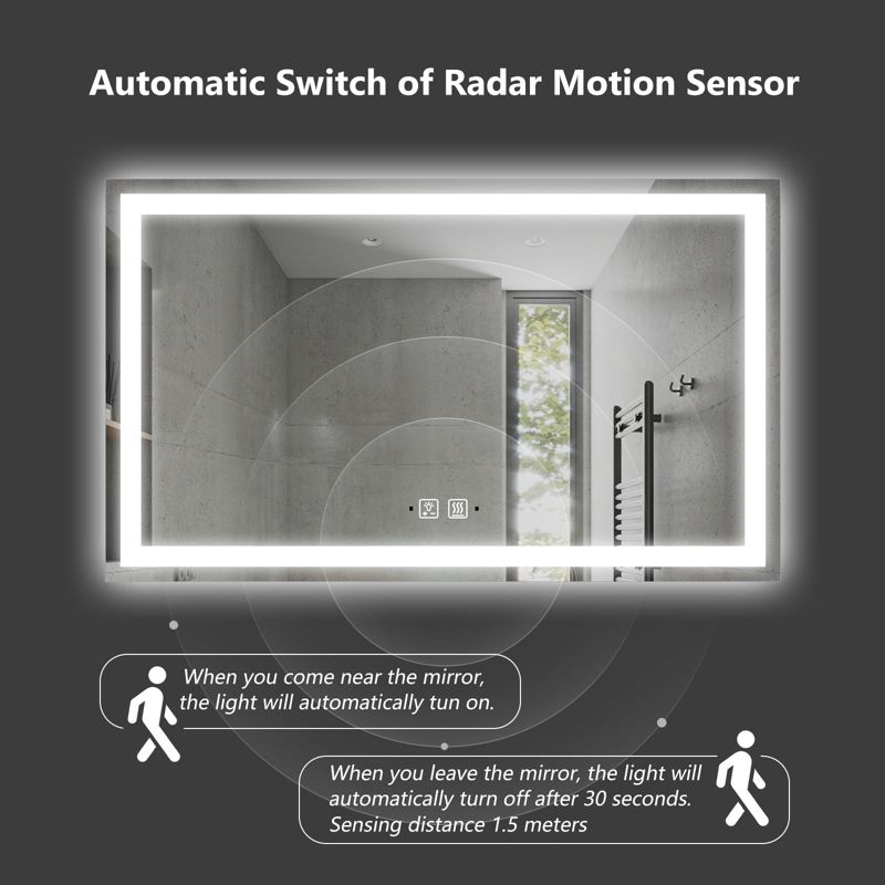 HOMLUX 36 in. W x 30 in. H Rectangular Frameless LED Mirror with Motion Sensing Anti-Fog Wall Mounted Bathroom Vanity Mirror, 3 of 9
