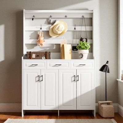 51.2" Minimalist Four-Door Shoe Cabinet with Coat Rack, 3 Drawers, 8 Shelves, Metal Hooks for Hallway, Entryway, Living Room