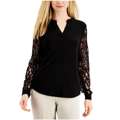 Kasper Womens V Neck Lace Sleeve Knit Blouse, Black, Large