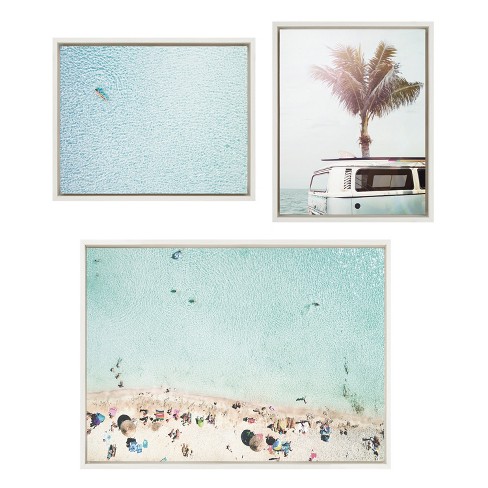 Kate and Laurel Sylvie Turquoise Beach from Above 2, Blue Beach Van and  Woman Floating Framed Canvas by Amy Peterson Art Studio, 3 Piece, White