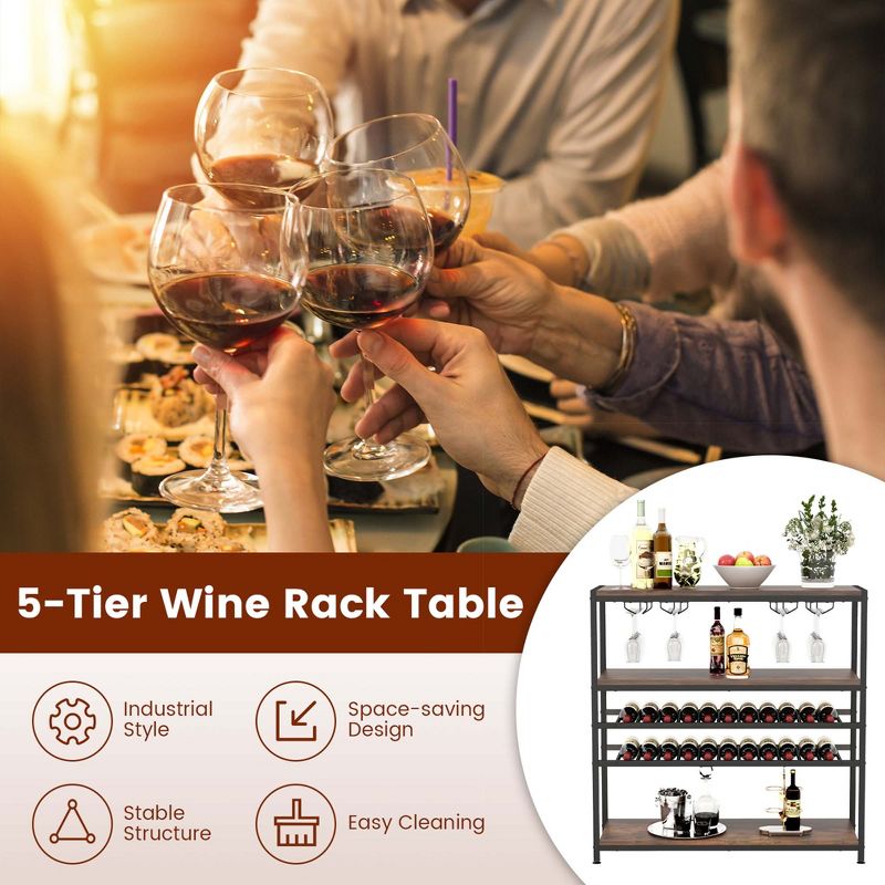 Costway Rustic 5-tier Wine Rack Table 22 Bottle Wine Cabinet Freestanding with Glass Holder, 5 of 11
