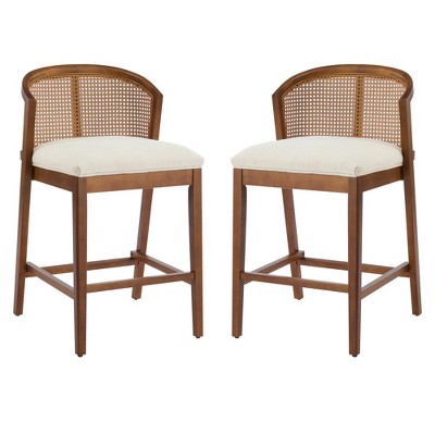 Set of 2 Counter Height Stools, Wood Counter Stools with Rattan Back and Upholstered Seat, Mid-Century Counter Stools for Kitchen Island-Koiai