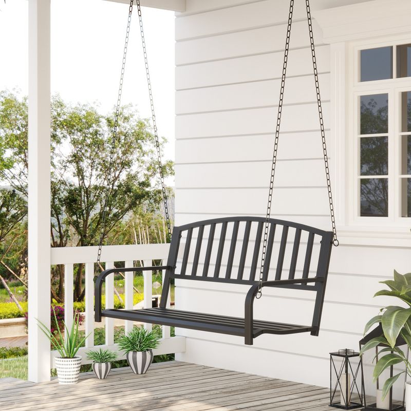 Outsunny 2-Person Metal Outdoor Porch Swing, Hanging Outdoor Swing Chair, Hanging Steel Patio Bench for Deck, 528lb Weight Capacity, Black, 4 of 10