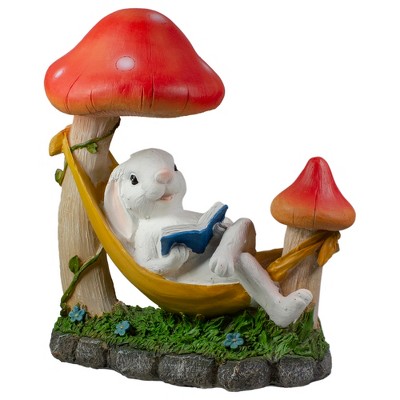 White Bunny in Yellow Hammock with Red Mushrooms Garden Statue