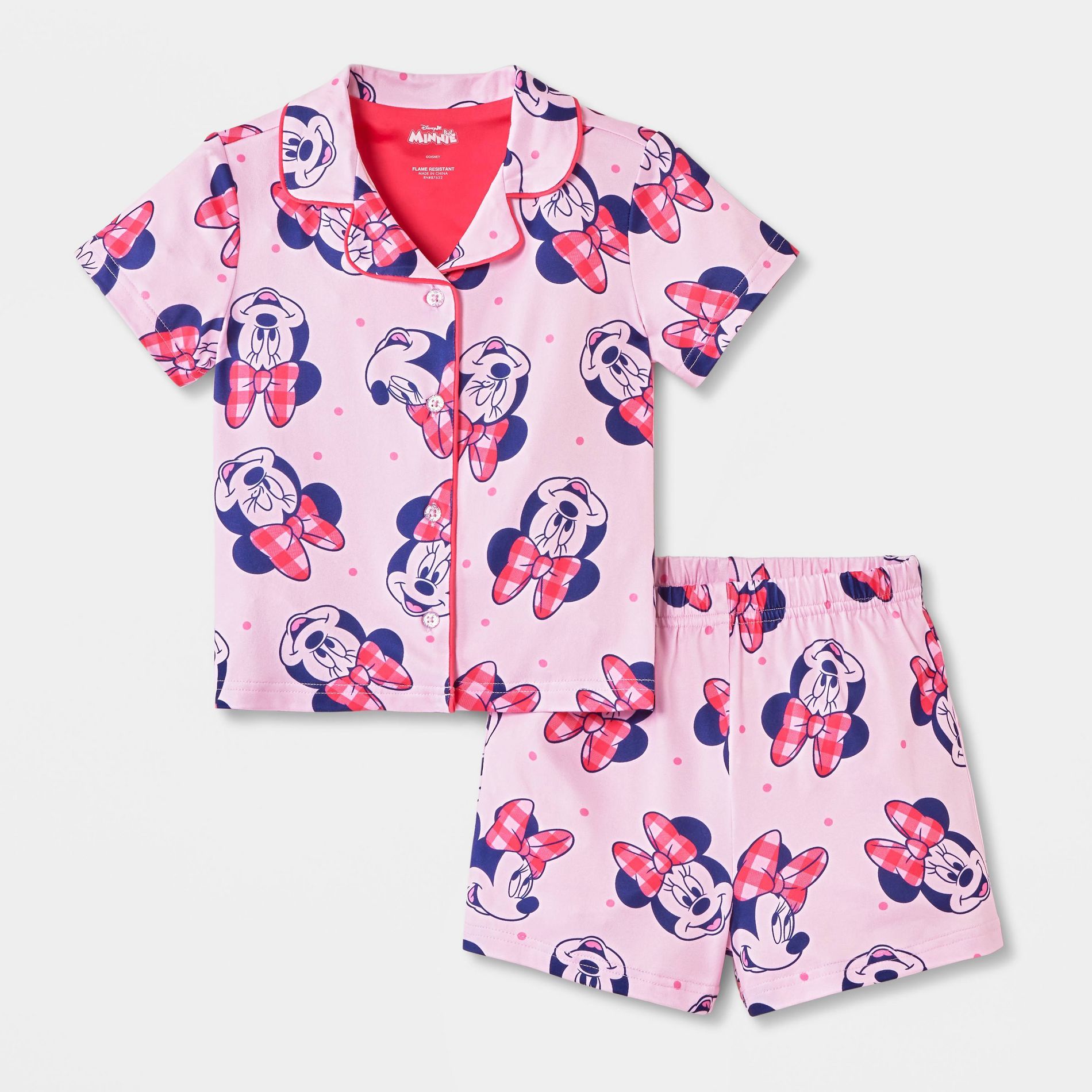 Toddler Girls' Minnie Mouse Short Sleeve Button Down Pajama Set 2pc - Pink